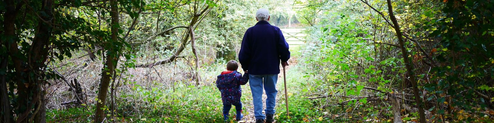 Opa mit Enkel im Wald gehen spazieren